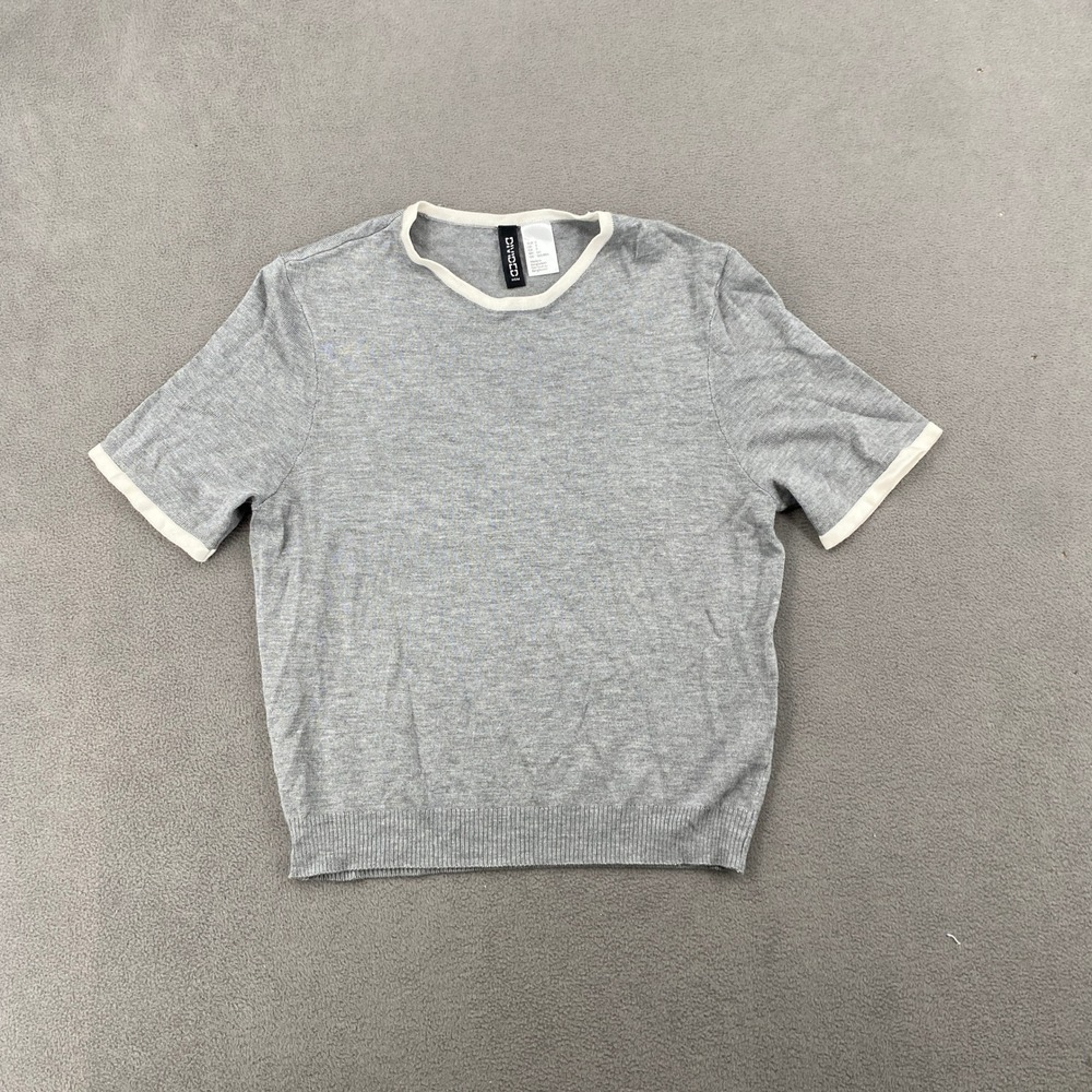 H&M Divided Gray Short Sleeve Knit Top White Trim Crew Neck Sweater Small